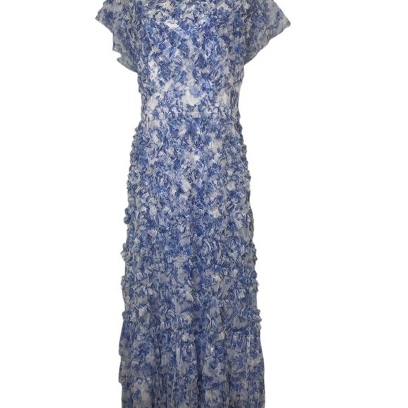Mac Duggal 8009 Blue White Floral Chiffon Ruffle Gown Size 18 NWT - Picture 3 of 7